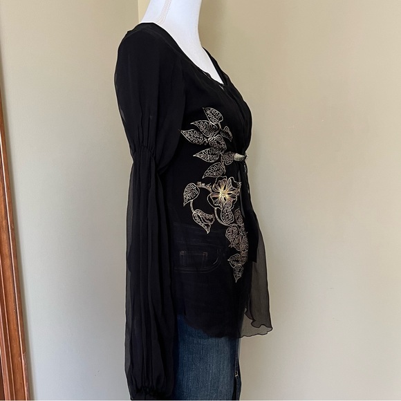 Miss Sixty 100% Silk Black Empire Waist Gold Buckle Puffy Sleeve Blouse NWT - Picture 5 of 14